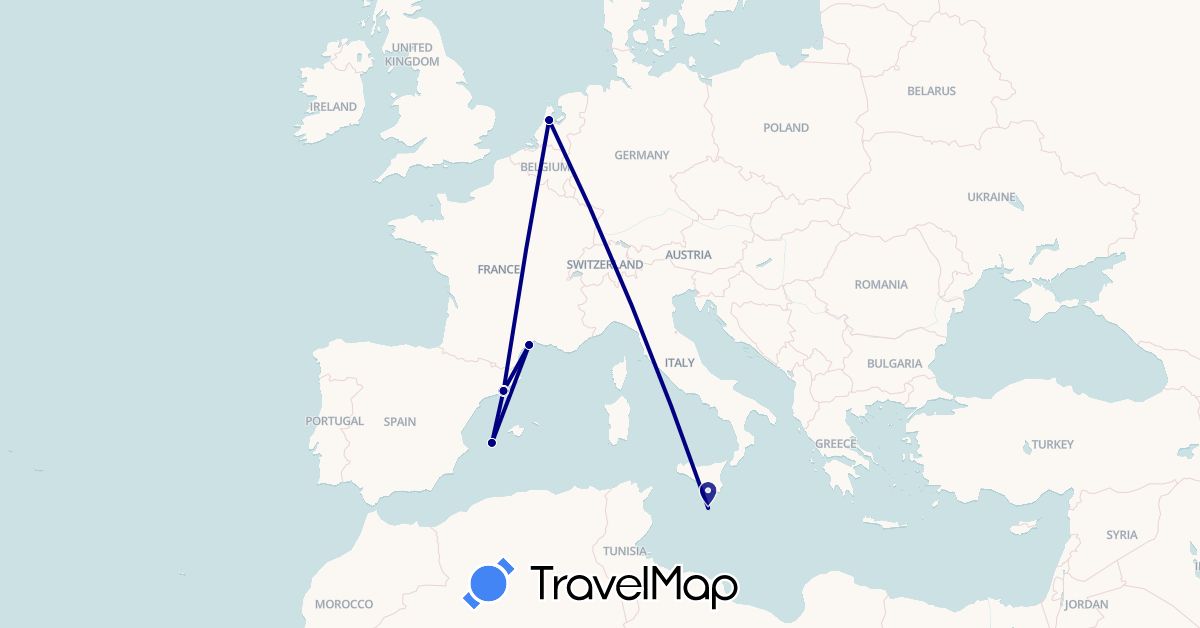 TravelMap itinerary: driving in Spain, France, Malta, Netherlands (Europe)